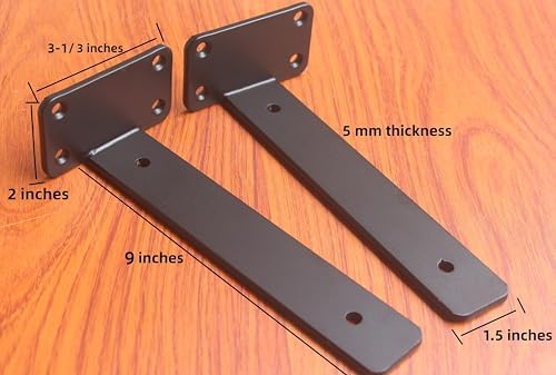 2 Pack - 9 inch Black Hidden L Shelf Bracket (1/5 Inch Thicked) Iron Floating Shelf Brackets Rustic Industrial Metal Bra