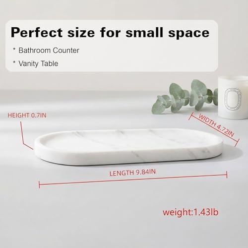 White Marble Vanity Tray for Bathroom Counter, 10"x5" Decorative Tray for Perfume, Candles, Stone Jewelry Dish Tray (Whi