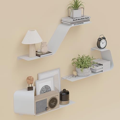 Sttoraboks Floating Shelves - Set of 3 Wall Mounted Metal Shelves with Unique Design for Wall Storage, Book Shelf, Displ