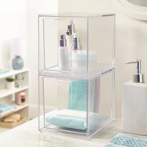 STORi Audrey Stackable Bin Clear Plastic Organizer Drawers | 2 Piece Set | Organize Cosmetics and Beauty Supplies on a V