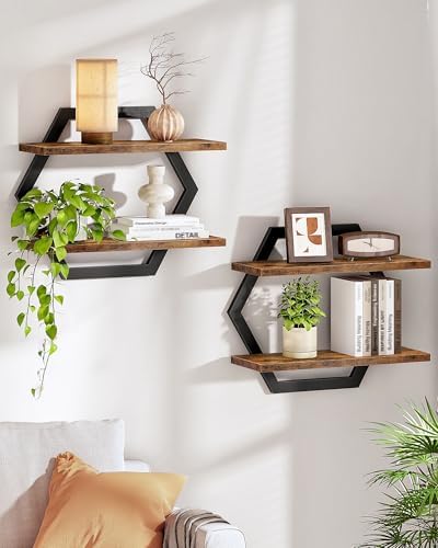 CHOEZON Hexagon Floating Shelves for Wall, Set of 2, 2 -Tier Hanging Shelves, Wall Mounted Storage Shelves, for Living R