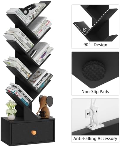SHEEPAM 8-Tier Tree Bookshelf Floor Standing Storage Bookcase with Drawer