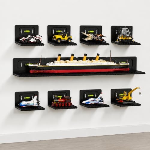 12 PCS Building Blocks Display Shelf Wall Mounted with Built-in Bubble Level, Floating Model Display Stand for Minifigur