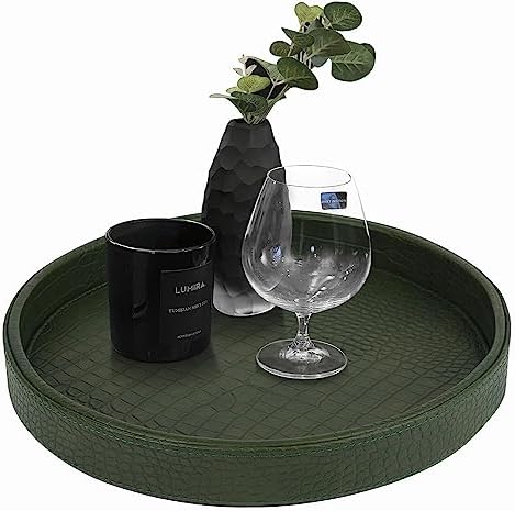 HofferRuffer Faux Leather Round Serving Tray, Vegan Croco Leather Decorative Tray, Food Tray for Storage Drinks, Snack &