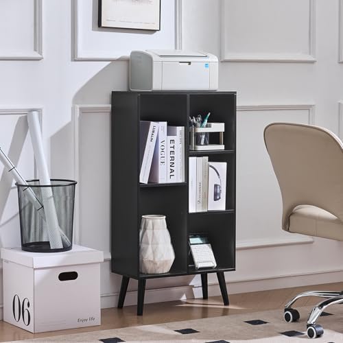 LEYAOYAO 5 Cube Bookshelf, Mid-Century Modern Book Shelf with Legs, Black