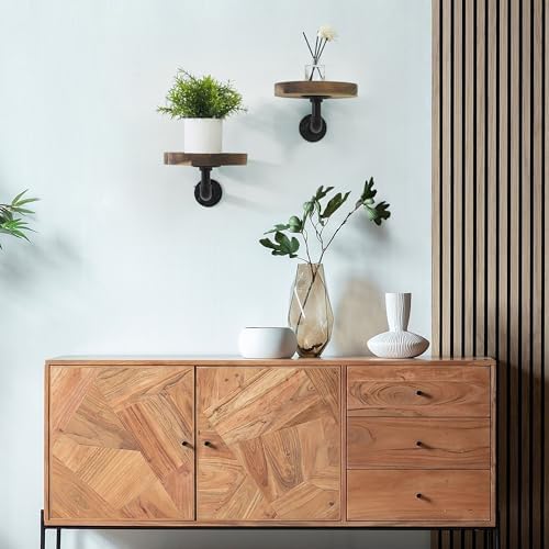 Round Wooden Floating Shelves Wall Mounted (Set of 2). Made of Acacia Wood. Industrial Pipe Brackets. A Unique Rustic Pe