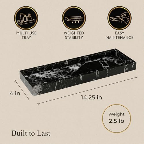Bey-Berk Atticus Black Zebra Marble Bath Tray, 14.25" Rectangular Vanity Organizer, Bold Stone Accent