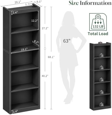 5 Tier Bookshelf,Open Storage Book Shelf,68 Inch Bookcase