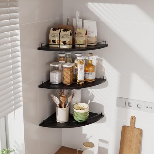 JJL Corner Shelf with Rails, 3-Tier Fan-Shaped Floating Corner Shelf Wall Mounted, 12 Inch Black Rustic Wood Heavy Duty 