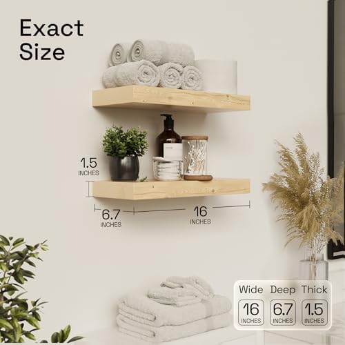 Wood Floating Shelves for Wall 16 inch, Natural Wood, Bathroom Wooden Shelf