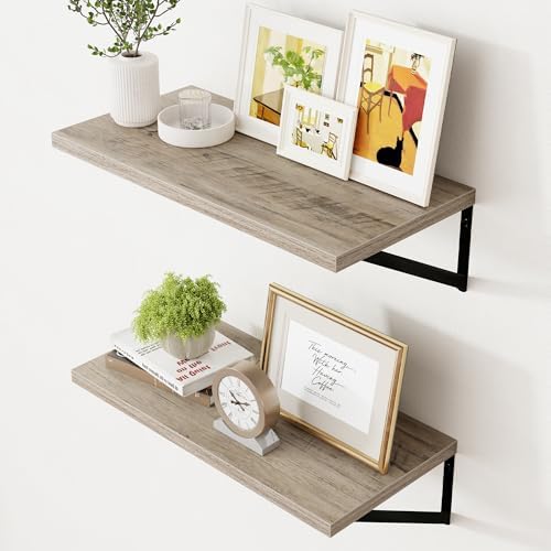 Axeman 12 Inch Deep Floating Shelves for Wall - 24 Inch Wide x 12 Inch Deep Wall Shelves Set of 2 - Rustic Grey Wood Flo
