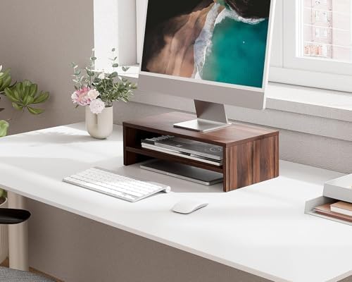 FITUEYES Wooden Monitor Stand Riser, 2-Tier Desk Storage Shelf, Brown