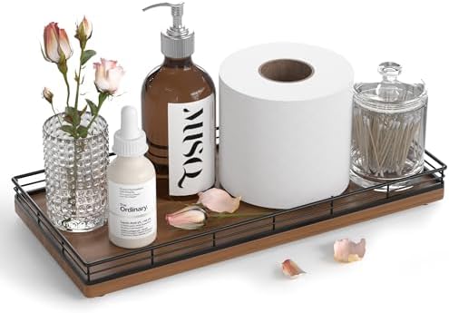 Oak Bathroom Toilet Tank Tray, 13" Wood Back of Toilet Paper Storage Tank Topper Basket, Vanity Tray for Perfume Makeup 