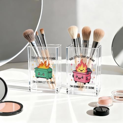 This Little Light Of Mine I'm Gonna Let It Shine Funny Acrylic Cosmetic Pencil Pen Holder Cup Set 2, Cute Dumpster Fire Pen Holder for Desk Office, Mental Health Gifts for Women Men Teachers