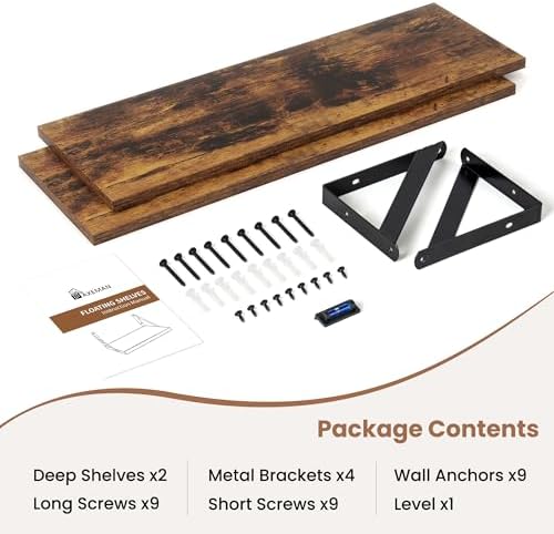 Axeman 24 Inch Floating Shelves, 8 Inch Deep Brown Wall Shelves Set of 2