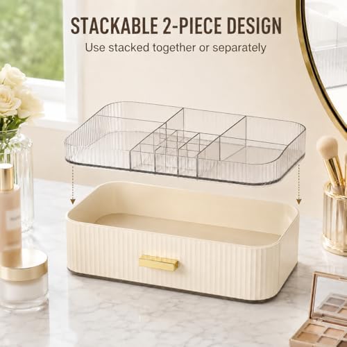 Makeup Organizer with Wide Drawer for Vanity, Stackable Cosmetic Organizer Countertop, Clear Skincare Storage for Bathro