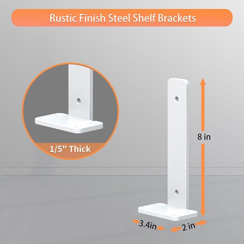 Floating Shelf Brackets upgraded, 8 inch, White Heavy Duty Iron Shelf Brackets, Industrial Modern Floating Shelf Support
