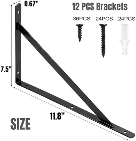 Hiceeden 12 Pack Heavy Duty Shelf Brackets, 12 in X 8 in Wall Mount Steel L Shelf Bracket, Angle Brackets for Floating S
