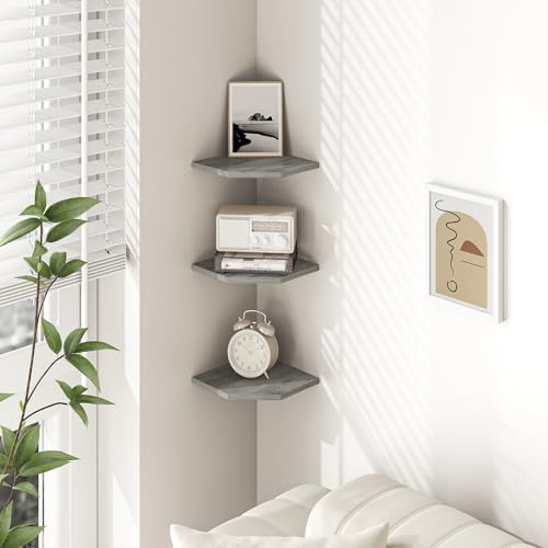 Fun Memories Corner Shelf Wall Mount, Floating Corner Shelves, Set of 3 Corner Wall Shelf Organizer, Rustic Wood Wall St