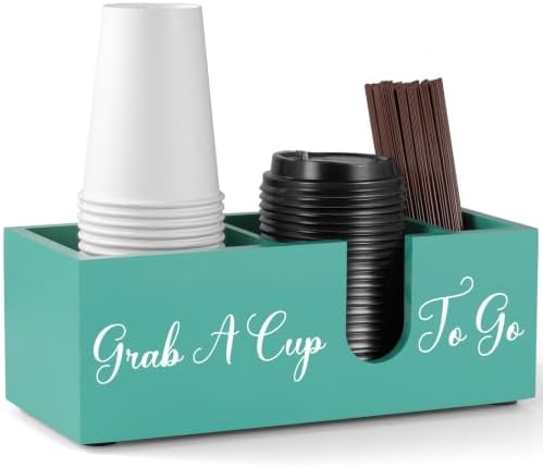 ALELION Turquoise Coffee Cup Organizer for Disposable Cups, Lids and Stir Sticks - 3-Compartment Countertop Cup Holder S