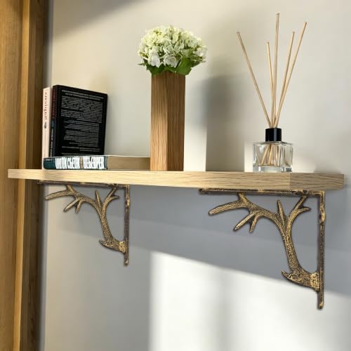2PCS Cast Iron Deer Antler Wall Shelf Brackets, 6.2in (H), Black & Gold