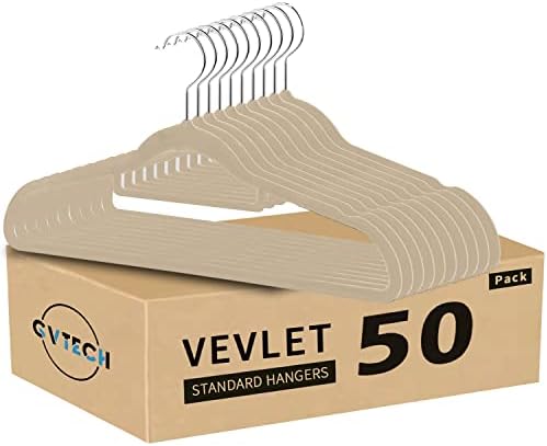 GVTECH Premium Velvet Hangers, [50 Pack] Non Slip and Heavy Duty Velvet Suit Hangers (45cm) with Tie Bar, 360° Swivel Hooks, Sturdy to Hold Jumper, Pullovers, Jackets & Hoodies (50 Pack, Beige)