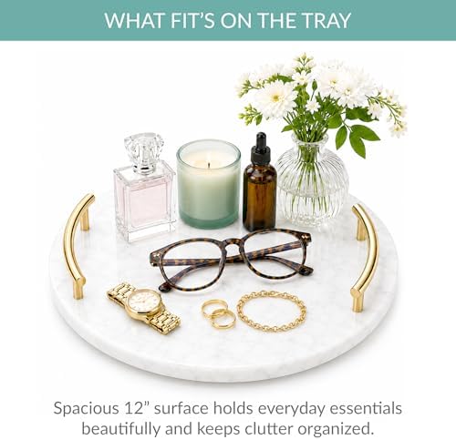 White Marble Tray with Gold Handles - Decorative Round Marble Vanity Tray