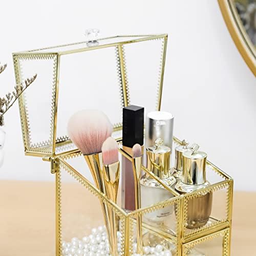 HKS Vintage Makeup Organizer Gold Glass Brush Holder with Lid Storage Dustproof Cosmetics Case with Pearls for Vanity De