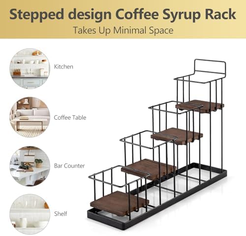 Coffee Syrup Rack Organizer, with Rustic Wood Holder Coffee Station Bar Accessory for Syrup, Wine, Dressing Bottle Count