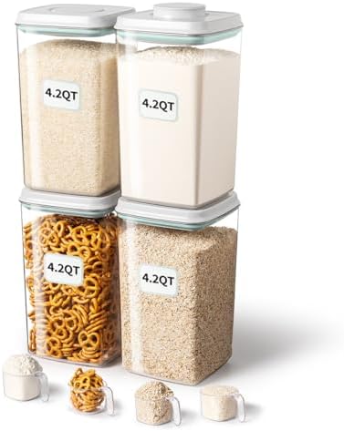 Ankou Airtight Food Storage Container with Pop Lid & 130ml Scoop, 4L/4.2qt *4 BPA-Free Cereal, Rice, Flour, Pasta & Snack Container, Stackable & Durable,Kitchen Pantry Organizer