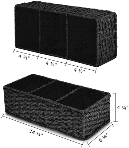 Vagusicc 3 Section Wicker Storage Basket, Hand-Woven Paper Rope Wicker Baskets for Organizing, Toilet Tank Basket, Black