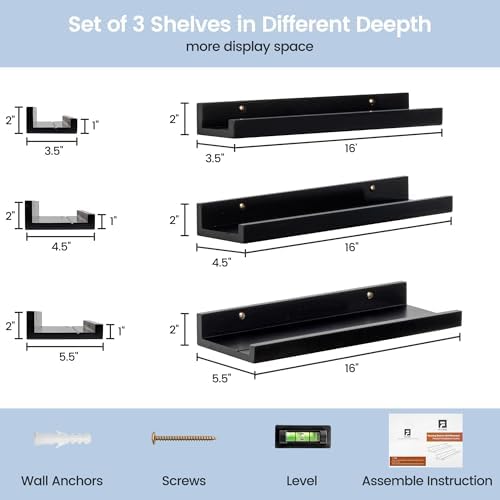 FLYJOE Picture Ledge Wall Shelves 16 inches Width Set of 3, Solid Pine Wood Rustic Floating Ledge Shelves for Wall for Kids' Room Bedroom Kitchen Bathroom Living Room Nursery Display Decor, Black