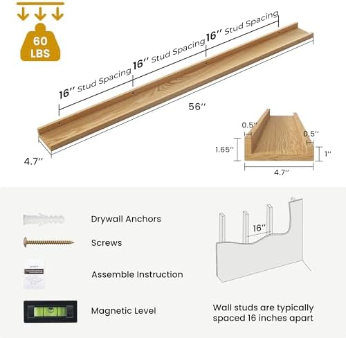 Acovy Solid Ash Wood Picture Ledge Shelf, 56 Inch, Natural, Set of 2