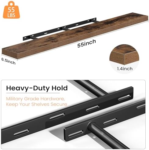 Fun Memories Floating Shelves for Wall 55 Inch, Set of 2 – Wall-Mounted Storage & Display Shelf with Invisible Bracket, 