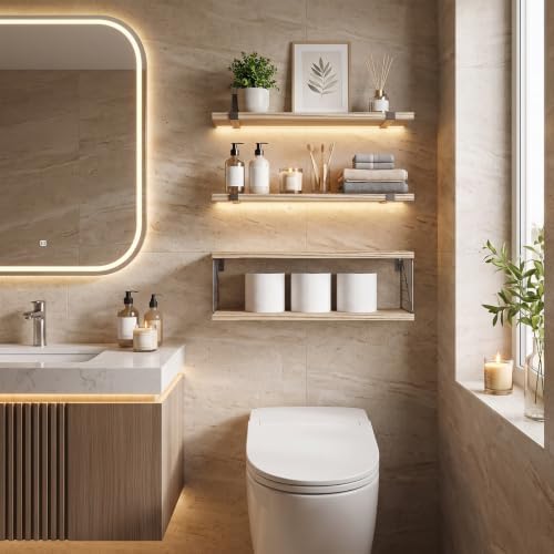 Fixwal 3+1 Tier Bathroom Floating Shelves Over Toilet, Light Brown