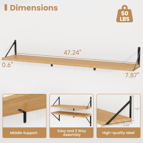Heimlove Floating Book Shelves for Wall,47.24Inches Long Wall Mounted Bookshelves,Heavy Duty Bracket Shelves for Living 