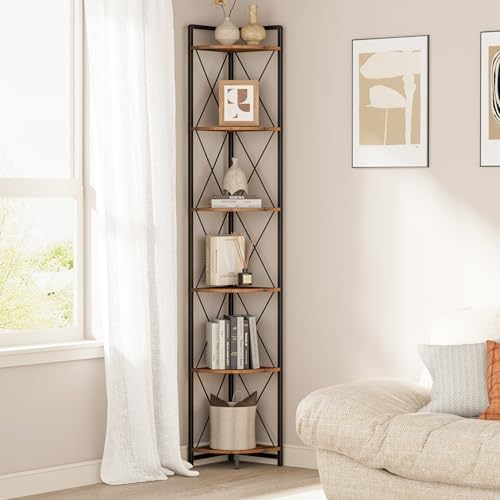 6 Tier Corner Shelf Stand, 78" H Tall Corner Bookshelf, Rustic Brown