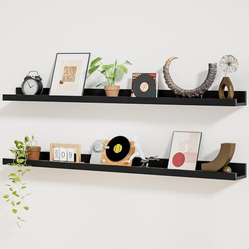 Heimlove Picture Ledge Shelf,48 inch Long Floating Shelves for Wall Set of 2,Black Picture Shelf with Lip for Wall Decor