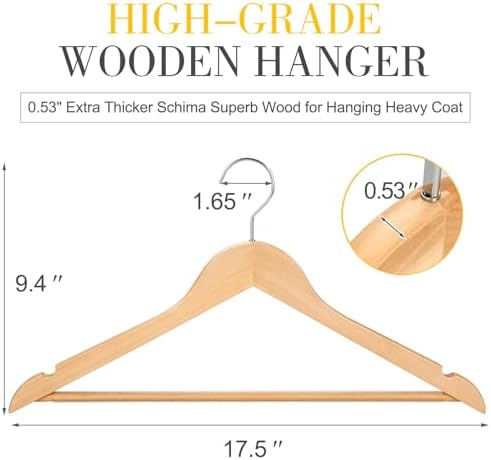 TOPIA Premium Wooden Hangers with Extra Thick Hook and Non Slip Pants Bar, Luxury Suit Hangers for Closet with Notches for Shirts - 16 Pack - CT01N