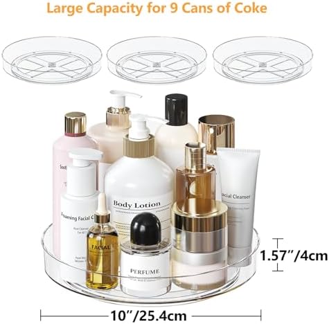 4 Pack 10 Inch Clear Lazy Susan Turntable Organizer for Cabinet, Non-Slip Acrylic Rotating Tray with Raised Edge, Spinni
