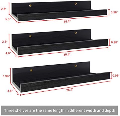 Lavezee 36 Inch Black Floating Wall Ledge Shelves Set of 3, Photo Picture Ledge Shelf with Lip for Office, Bedroom, Livi