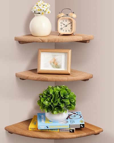 Floating Corner Shelves, Set of 3 Corner Wall Shelves with Cable Hole Soild Wood Wall Storage Display Wall Mounted Shelv