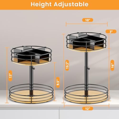 2 Tier Lazy Susan with Adjustable Height and Metal Divider Design, Black