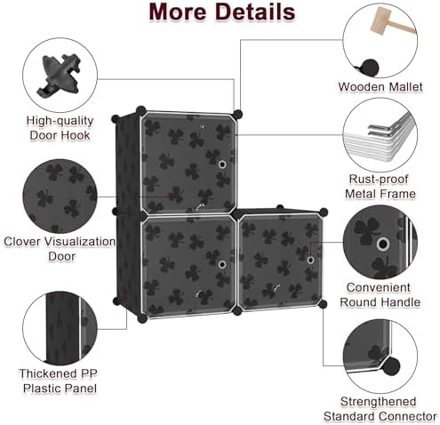 C&AHOME Clover Embossed Storage Organizer with Doors 3-Cube Shelf Black