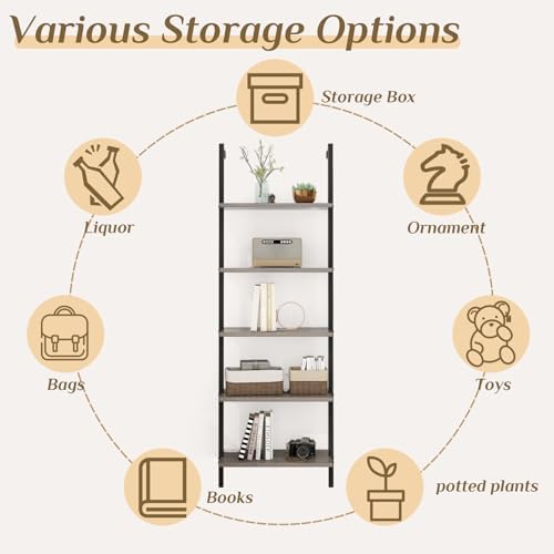 Karl home Gray 5 Tier Wall Mount Ladder Shelf, Metal Frame Bookcase