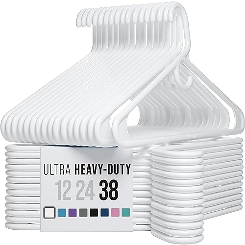 NEATERIZE Thick Heavy Duty Hangers - White Plastic Clothes Hangers 38 Pack - Great for Coat Hanger, Jackets Jeans & Suit Hanger for Closet - New Apartment Essentials Percheros Ganchos para Colgar Ropa