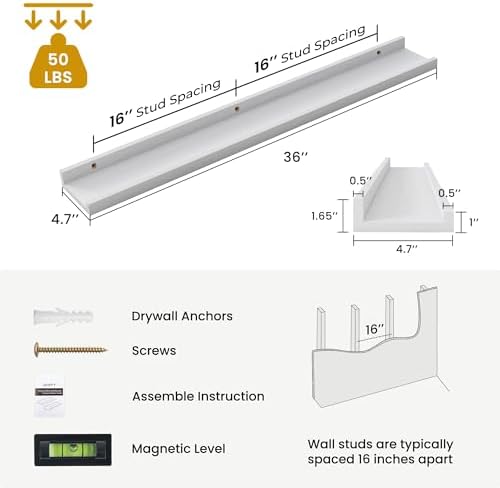 Acovy Solid Ash Wood Picture Ledge Shelf, 36 Inch, White, Set of 2