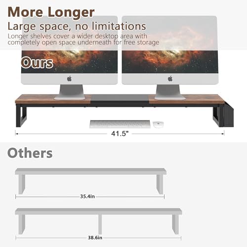LAND·VOI Dual Monitor Stand Riser,41.5'' Long Monitor Stand for 2 Monitors, Wood Computer Riser with Pocket, Desktop Ora