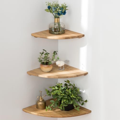 Corner Shelves, Floating Corner Shelf, Set of 3 Solid Oak Wood Corner Wall Shelves, Round End with Wire Hole Shelving fo