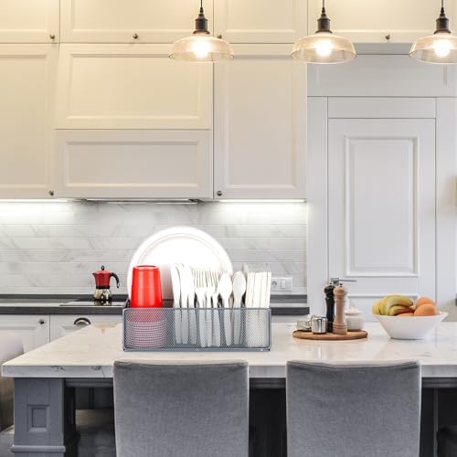 Paper Plate Organizer for Countertop, Metal Silverware Caddy for Cup, Fork, Spoon, Napkin, Paper Plate and Utensil Holde